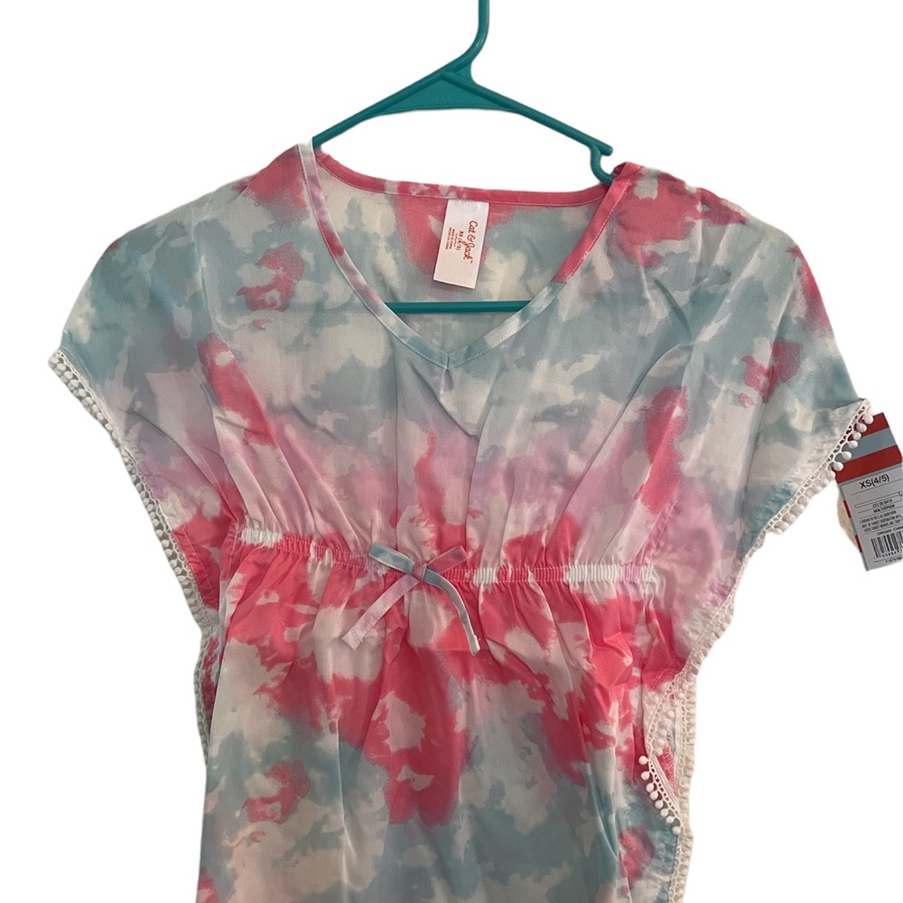 Cat & Jack XS (4/5) Tie Dye Dress Summer Spring Mini Poms on Sides NEW WITH TAGS